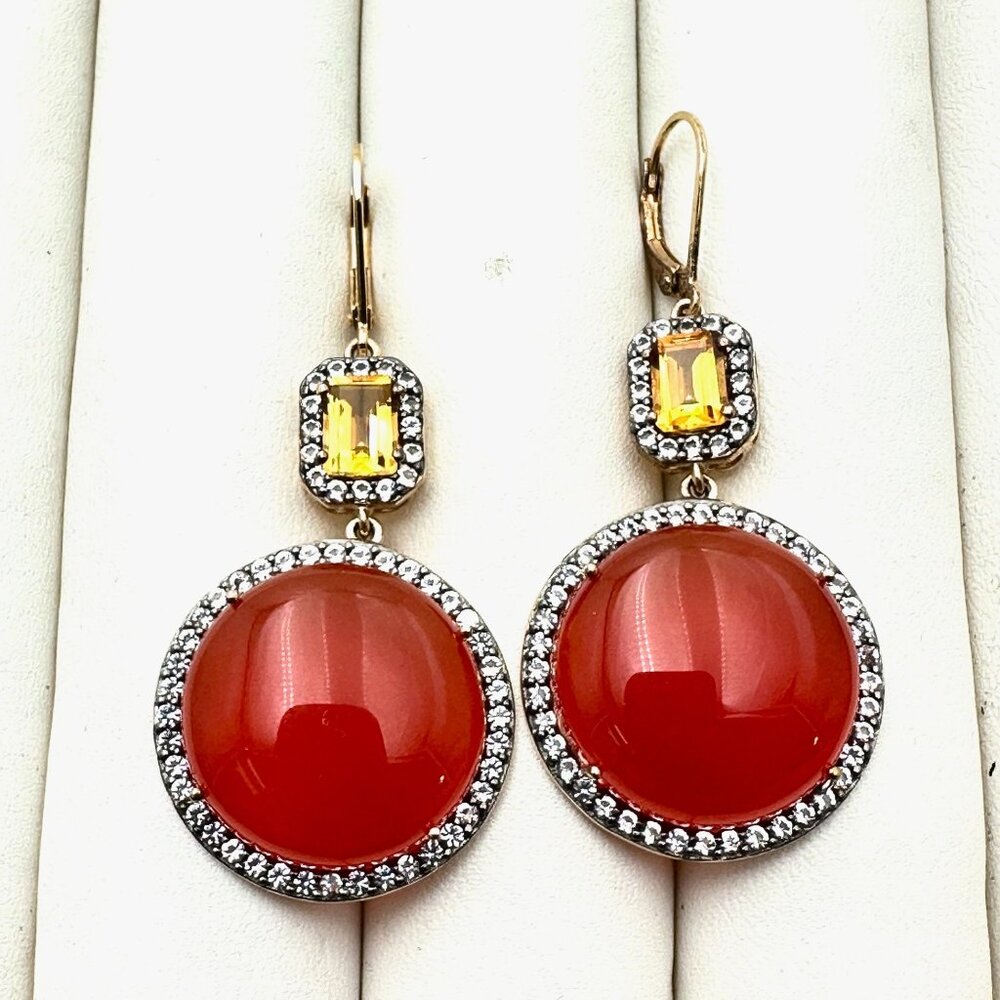 Citrine Carnelian Gold Over Sterling Silver Pierced Chandelier Earrings 2 Inch